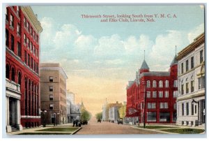 Lincoln Nebraska NE Postcard Thirteen Street Looking South YMCA Elks Club c1910