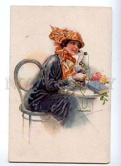 129161 BELLE Lady w/ Telephone by USABAL Vintage color PC