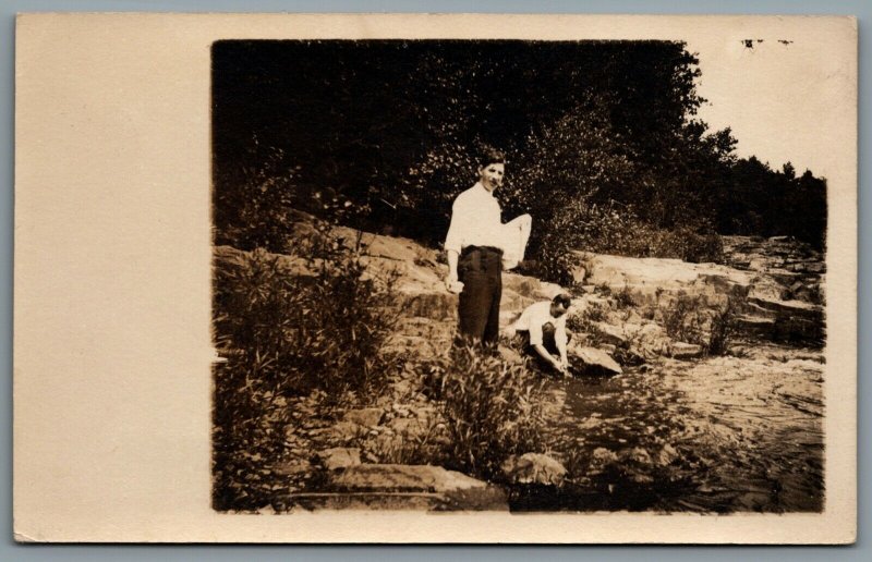 Postcard RPPC c1915s Men Washing Dishes in Lake Possibly Wisconsin Lot of 2