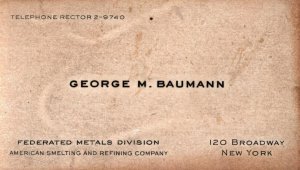 Vintage New York City  George Baumann Smelting & Refining Business Card  2 x 3