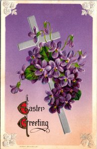 Vintage John Winsch Silver Cross, Purple Daisy Flowers Christian Easter Postcard