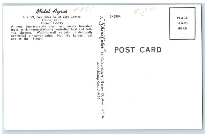 c1960's Motel Ayres Roadside Room View Fresno California CA Vintage Postcard