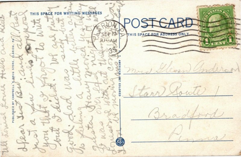 Postcard PA Clarion Bridge Across Clarion River Old Car Clarion County 1935 K7 