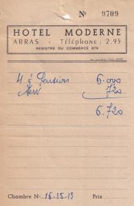 Hotel Moderne Arras 1950s Receipt