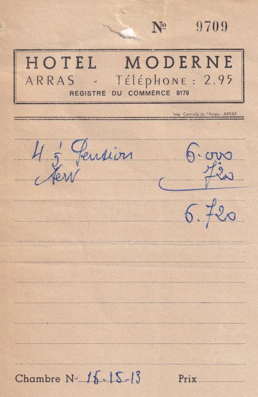 Hotel Moderne Arras 1950s Receipt