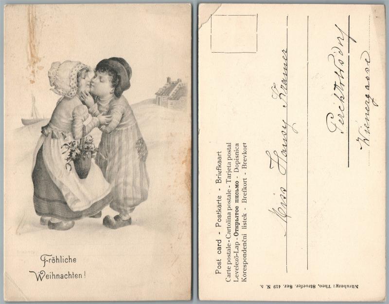 KISSING KIDS MERRY CHRISTMAS GERMAN ANTIQUE ART POSTCARD