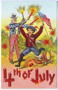 July 4th Uncle Sam & Boy Drums Firecrackers Gun Flag Bugle Sword Postcard