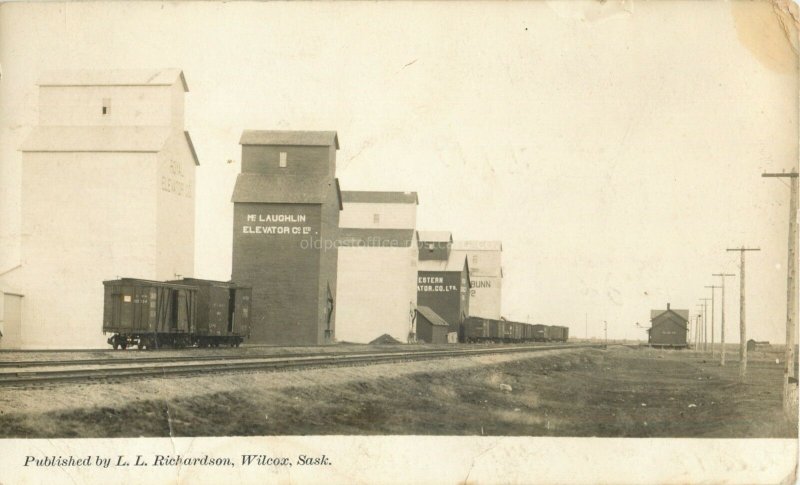 Wilcox, Saskatchewan-Railroad Depot-Elevators-Canada c1913 RPPC Photo Postcard