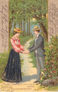 Couple Holding Hands in Forest 1904 embossed postcard