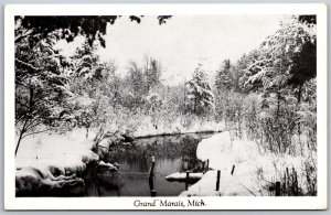 Vtg Grand Marais Michigan MI Winter Scene Creek View Postcard