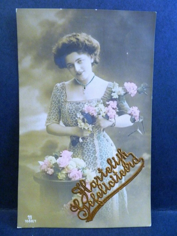 5 Postcard RPPC Dutch Tinted Photo Pretty Woman Hartelijk Gefeliciteerd Birthday