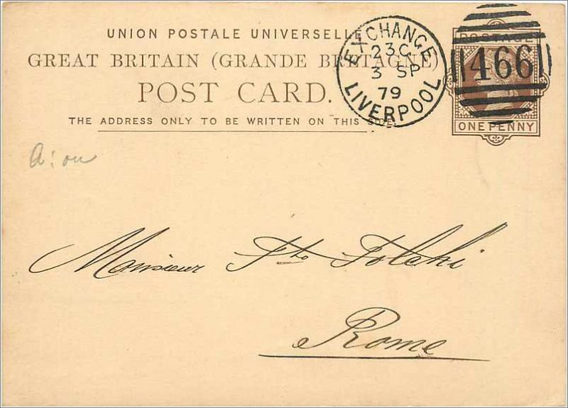 Entier Postal Stationery Postal Britain Great Britain in 1879 Liverpool to Rome