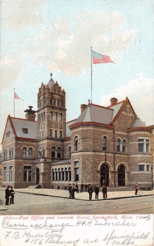 SPRINGFIELD MASSACHUSETTS STONE POST OFFICE & CUSTOM HOUSE UDB POSTCARD 1906