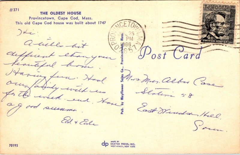 Oldest House Provincetown Cape Cod Massachusetts Street View Cancel Postcard