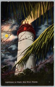 Key West Florida 1950 Postcard Lighthouse At Night