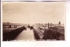 Real Photo, Freighter Entering Middle Chamber, Gatun Locks, Panama Canal