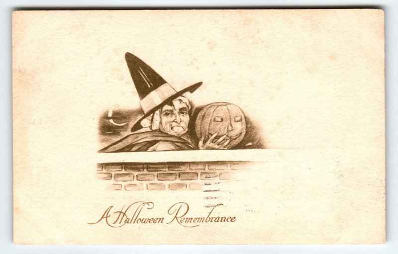 Vintage Halloween Postcard Witch Moon JOL Pumpkin Gibson Sepia Remembrance 1911