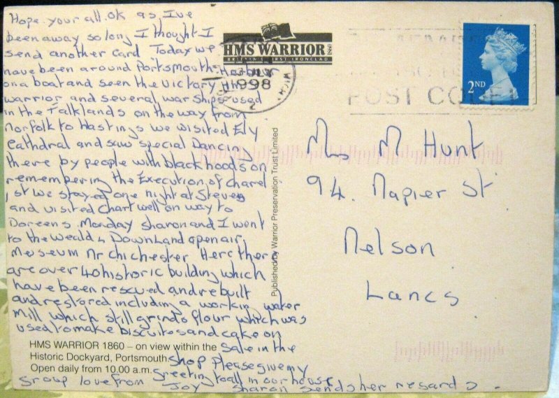 Postcard Transport HMS Warrior 1860 - posted 1998