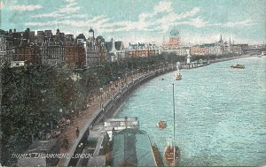 Navigation & sailing related postcard Thames embankment London barge ship