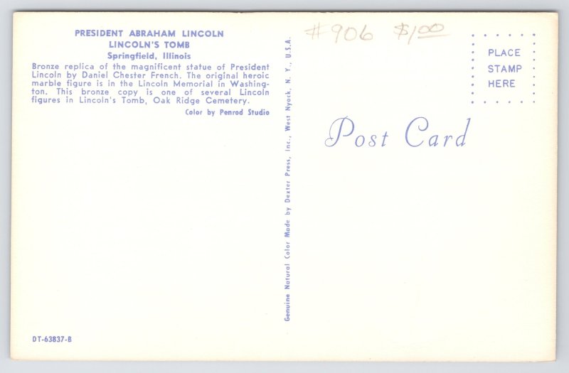 Springfield Illinois~President Abe Lincoln Statue @ Tomb~Vintage Postcard