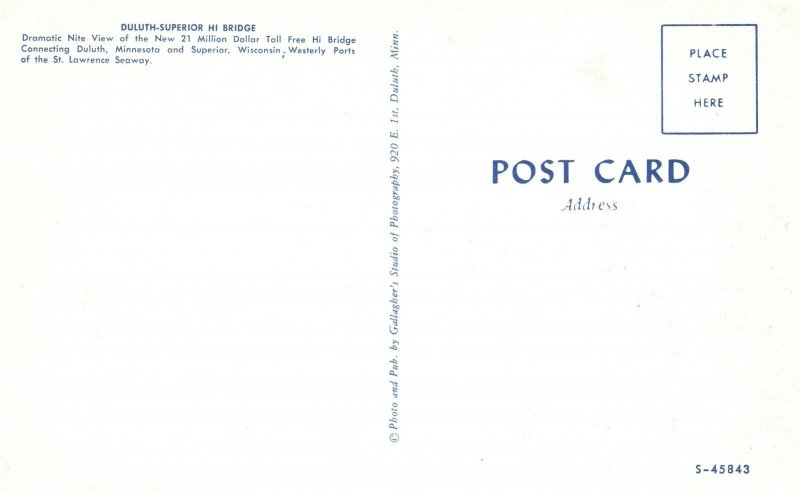 Vintage Postcard Duluth Superior High Bridge Dramatic View at Night MN