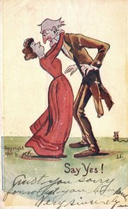 Vintage Postcard 1900's Say Yes Woman Proposing To A Man Kiss Comic Card
