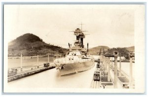 c1920's Panama Canal US Navy Battleship Warship View RPPC Photo Postcard