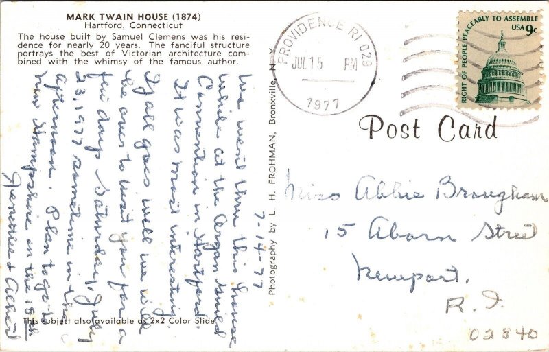 Mark Twain House Hartford Connecticut CT Postcard PM Providence RI Cancel WOB 