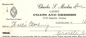 1938 CHARLES S MARKUS LADIES COATS-DRESSES CLEVELAND OHIO BILLHEAD INVOICE Z1389