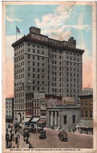 VINTAGE POSTCARD NATIONAL BANK OF COMMERCE BUILDING NORFOLK VIRGINIA OLD CARS RE