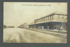 Larimore NORTH DAKOTA RPPC 1909 DEPOT Train at Station G.N. R.R. Great Northern