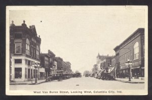 COLUMBIA CITY INDIANA DOWNTOWN VAN BUREN STREET SCENE OLD CARS POSTCARD