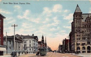 DAYTON OHIO~NORTH MAIN STREET-TROLLEY-STOREFRONTS~1910s POSTCARD