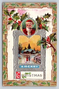 Vintage Embossed Christmas Postcard Santa Portrait Winter Scene Holly Birch