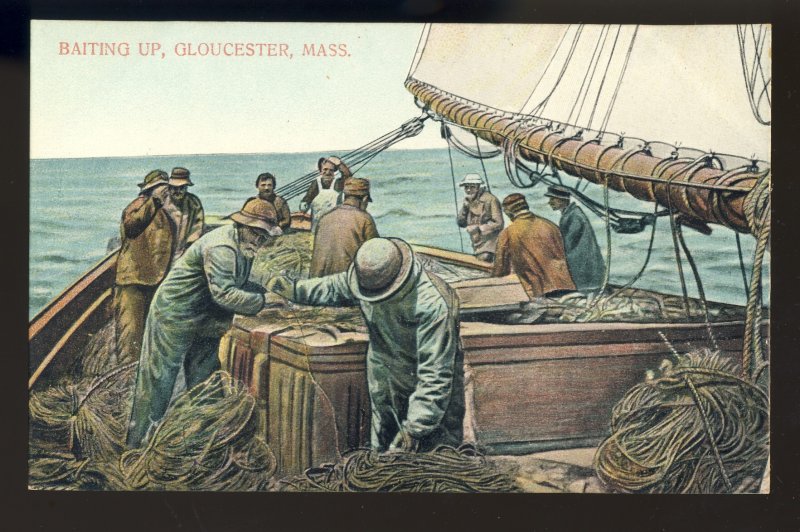 Gloucester, Massachusetts/MA Postcard, Baiting Up On Fishing Boat