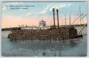 1910-20's MISSISSIPPI RIVER PACKET BOAT WITH LARGE LOAD OF COTTON BALES POSTCARD