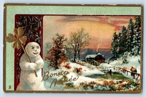 New Year Postcard Anthropomorphic Snowman With Clover Winter Scene Tuck 1909