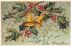 US3427 Merry Christmas, Branch Bells Mistletoe Embossed greetings