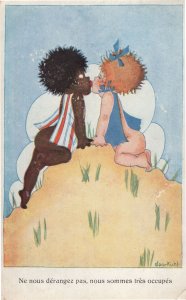 French Racial Harmony Ethnic Mixed Race Kissing Comic Old Postcard