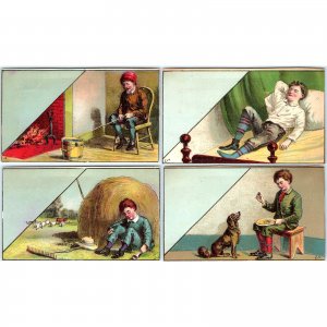 x4 SET c1880s Little Boy Farm Life Stock No Ad Trade Cards Fishing Dog Sleep C30