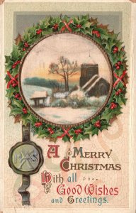 Vintage Postcard 1913 A Merry Christmas Good Wishes & Greetings Wreath Landscape