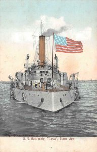 U.S. BATTLESHIP IOWA STERN VIEW FLAG MILITARY SHIP POSTCARD (c. 1905)
