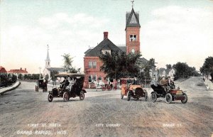 Cars First & Baker Street City Library Grand Rapids Wisconsin 1910c postcard