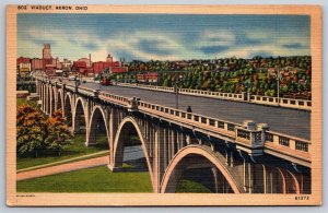 Akron Ohio Linen Postcard Viaduct City Skyline  