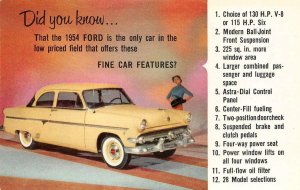 1954 FORD Crestline Classic Car Advertising Dealership Chrome Vintage Postcard