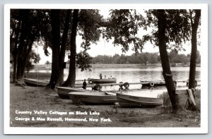 Hammond NY~Country Valley Cottages Dock~Black Lake Bridge~Kids Boat~c1950s RPPC