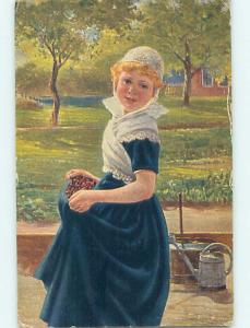 Pre-Linen foreign signed GRUST - GIRL USES DRESS TO PUT CHERRY FRUIT HL5447