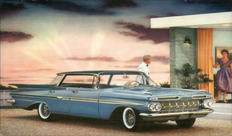 1959 Chevy Chevrolet Impala Sport Sedan Newport Beach CA Dealer Postcard