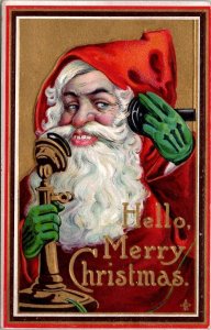 Santa Claus Candlestick Telephone Green Glove Christmas Eve Saco ME Postcard Z16