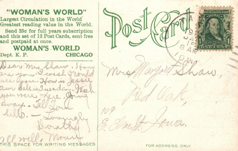 Vintage Postcard 1915 Lover's Lane Saint Jo By Eugene Field Woman's World CH